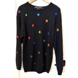 Vtg 90s IB Diffusion Black Sweater Dress S Sequins Beads Silk Angora Wool Artsy